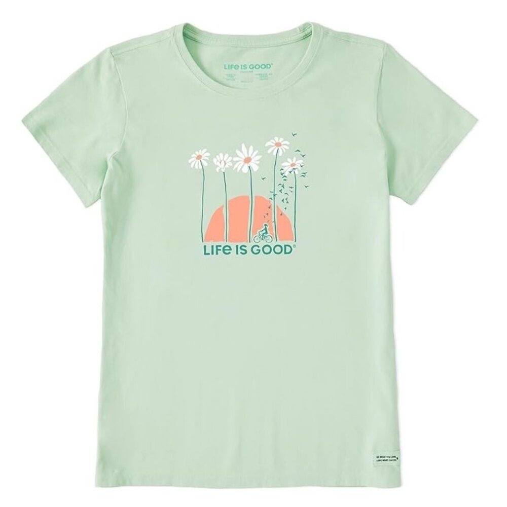 New LIFE IS GOOD Womens XXL Crusher Tee Towering Daisies Bicycle Bike Sage Green